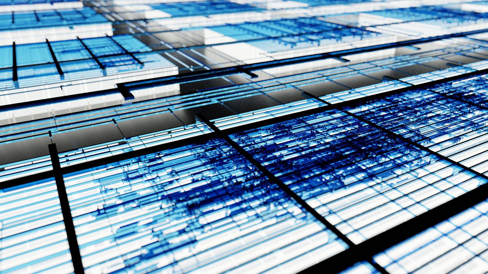 A render of a chip. Wires in blue, and the background in chrome.